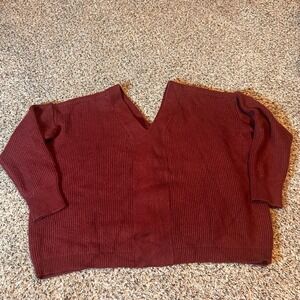 Burgundy V Neck Long Sleeve Lace Up Front Ribbed Knit‎ Sweater Top Women's Large